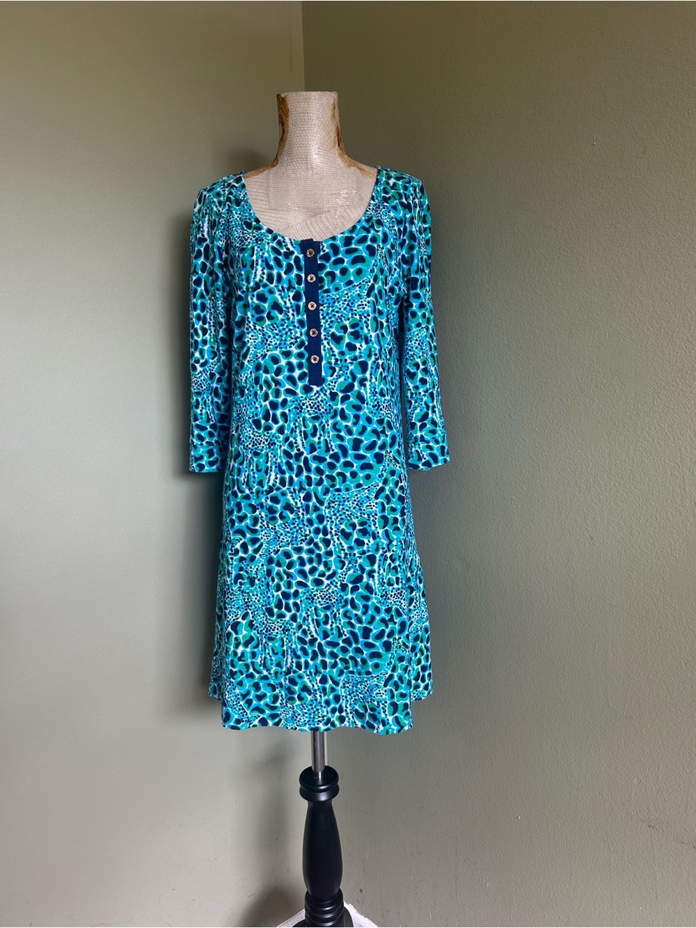 Lilly Pulitzer Teal Printed Button-Front 3/4 Sleeve Dress Sz M